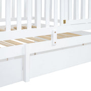 DreamHaus storage daybed with fence guardrails and two drawers, shown split into a floor bed and daytime lounging area.