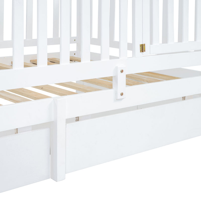 DreamHaus storage daybed with fence guardrails and two drawers, shown split into a floor bed and daytime lounging area.