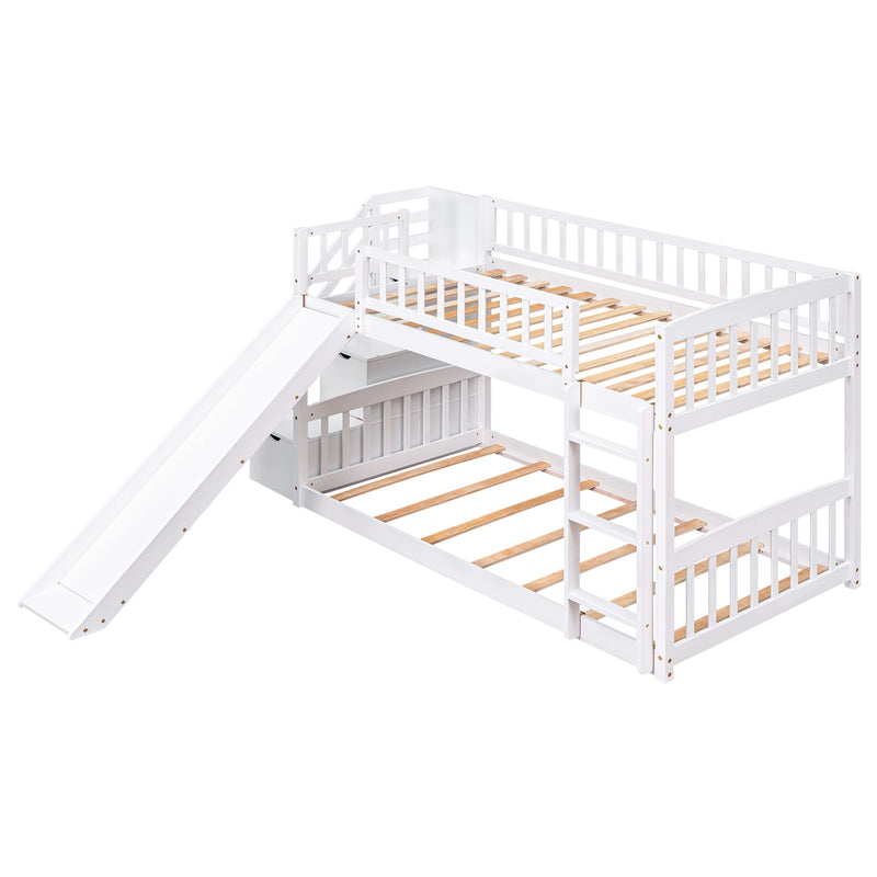 DreamHaus twin over twin stairway bunk bed with built-in drawers and slide, featuring sturdy wood frame and safety rails.
