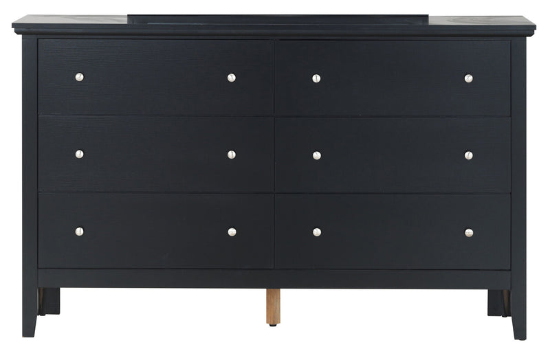 Glory Furniture Primo dresser with multiple drawers in a modern bedroom setting, showcasing sleek wood finish and contemporary design.