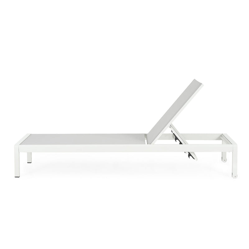 Noble House outdoor patio chaise lounge with five adjustable reclining positions, featuring a sleek, comfortable design for outdoor relaxation.