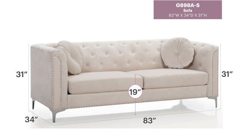 Elegant contemporary Pompano sofa by Glory Furniture, stationary sofa with sleek modern design and plush upholstery.