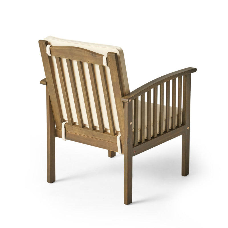 Pair of Noble House Casa Acacia wood club chairs with water-resistant gray and cream cushions, set of 2 for outdoor or patio use.