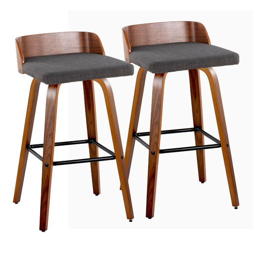 Set of two Lumi Source Maya mid-century modern fixed height barstools with swivel and square footrest, featuring sleek design.