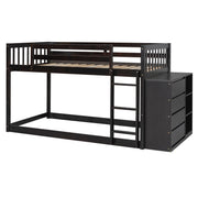 DreamHaus bunk bed with built-in four drawers and three shelves, showcasing a sturdy wooden frame and space-saving design.