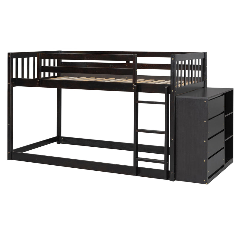 DreamHaus bunk bed with built-in four drawers and three shelves, showcasing a sturdy wooden frame and space-saving design.