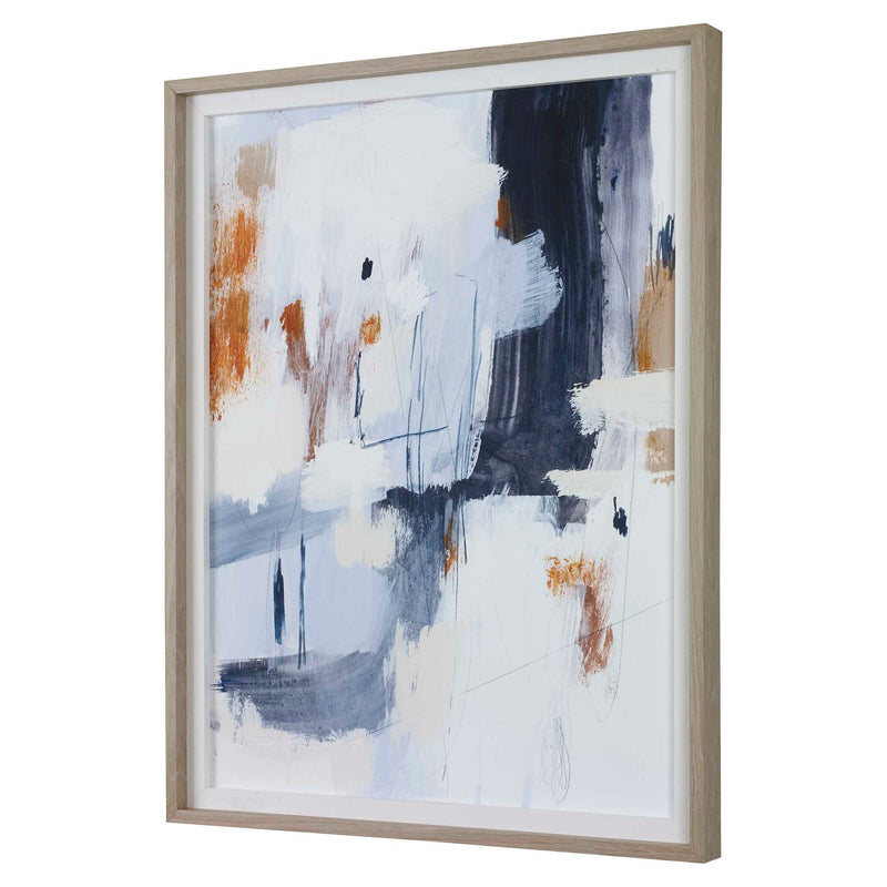 Abstract framed print in blue by Uttermost featuring modern artwork and a sleek frame, ideal for contemporary home decor.