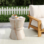 Beige lightweight concrete side table with travertine top, suitable for outdoor and indoor use, by Noble House.
