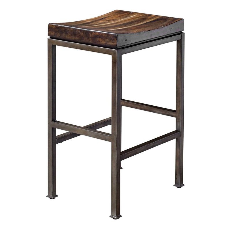 Uttermost Beck industrial bar stool with a counter height design, featuring a metal frame and wooden seat for modern industrial decor.