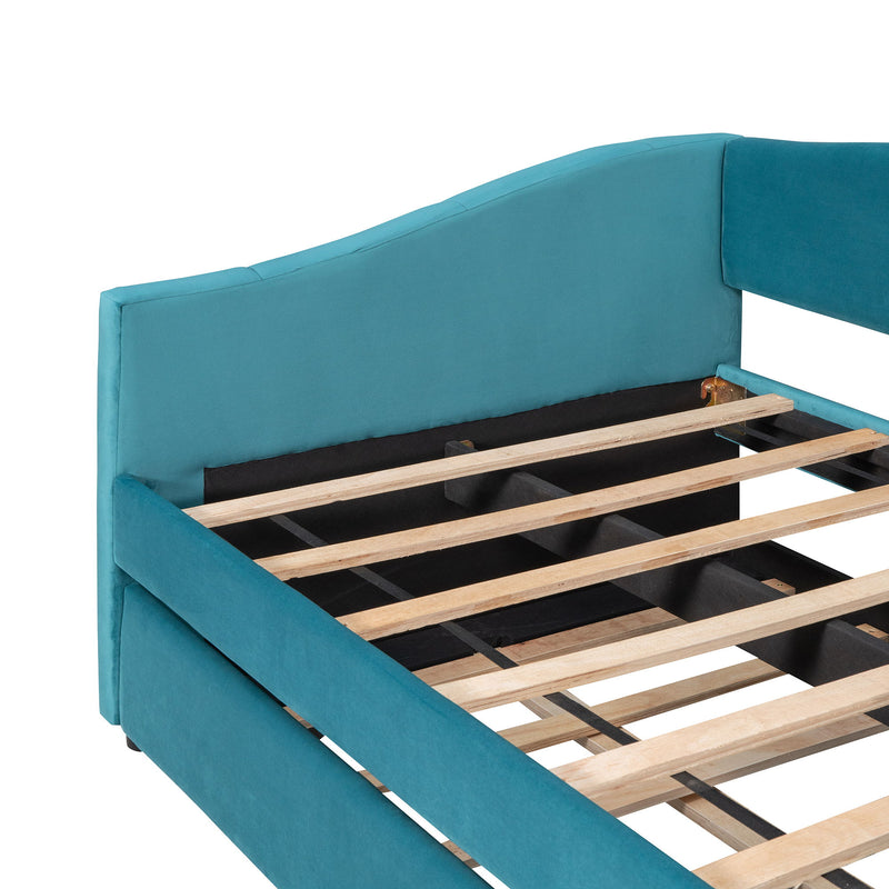 DreamHaus upholstered daybed sofa bed with trundle and wood slat base, showcasing its plush fabric and functional design