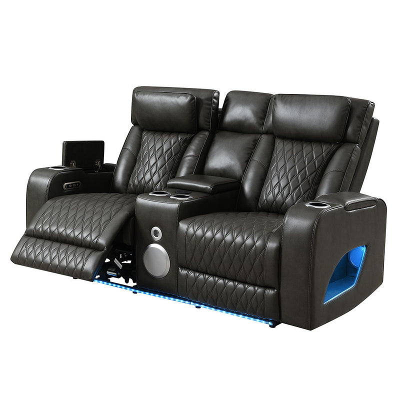 Taddeo - Power Motion Loveseat With Console, Speaker, USB, Wireless Charger & LED - Dark Gray - R&R Furniture Gallery (Fountain Valley, CA)