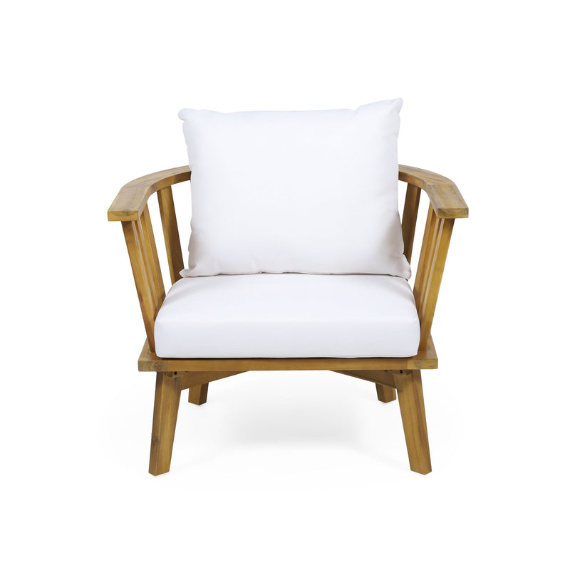 White outdoor Noble House club arm chair with a curved backrest and frame, designed for comfortable outdoor seating.
