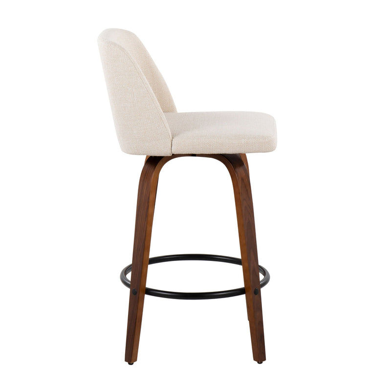 Set of two Lumi Source Toriano mid-century modern counter stools with wooden legs and upholstered seats.