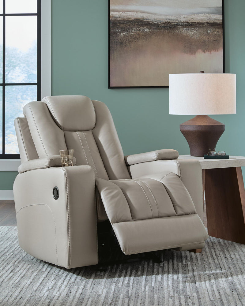 Signature Design by Ashley Elevate Edges Glider Recliner in Coin fabric, featuring plush cushioning and smooth gliding mechanism.