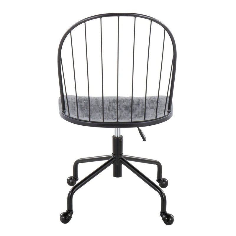 Lumi Source Riley farmhouse-style adjustable high back black office chair with cushioned seat and wooden armrests.