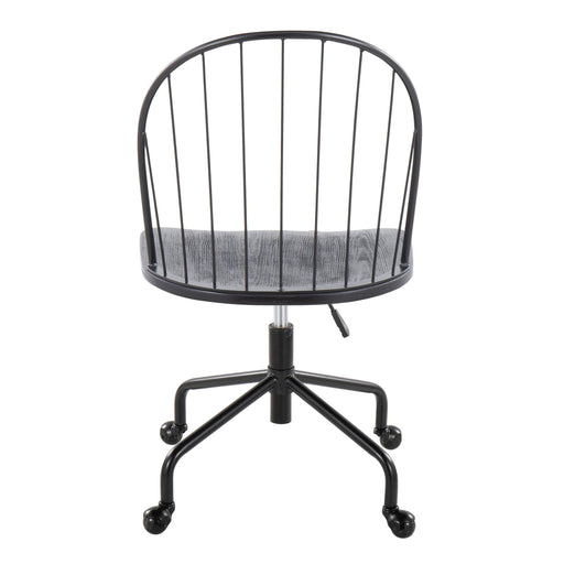 Lumi Source Riley farmhouse-style adjustable high back black office chair with cushioned seat and wooden armrests.