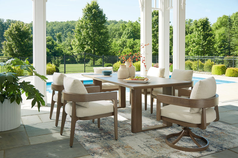 Signature Design by Ashley outdoor dining set with 7 pieces, including table and chairs, for patio or garden use.