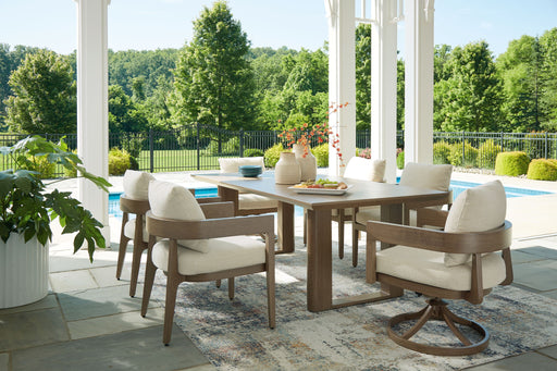 Signature Design by Ashley outdoor dining set with 7 pieces, including table and chairs, for patio or garden use.