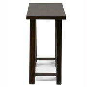 Handcrafted Simpli-Home console sofa table with sawhorse-style legs, featuring a sleek wooden surface for living room decor.