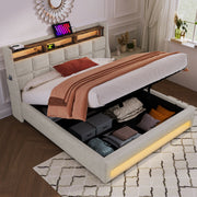 Artistry At Home upholstered platform bed with hydraulic storage, LED lighting, and USB charging ports, shown without mattress.