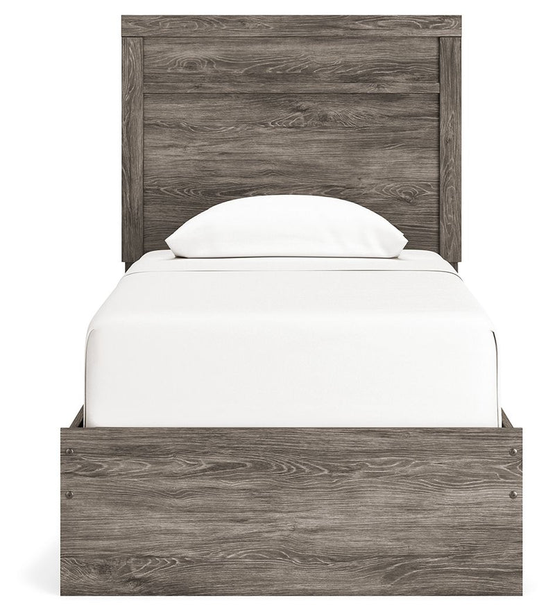 Signature Design by Ashley Ralinksi panel bed with a sleek wooden frame and modern headboard in a contemporary bedroom setting.