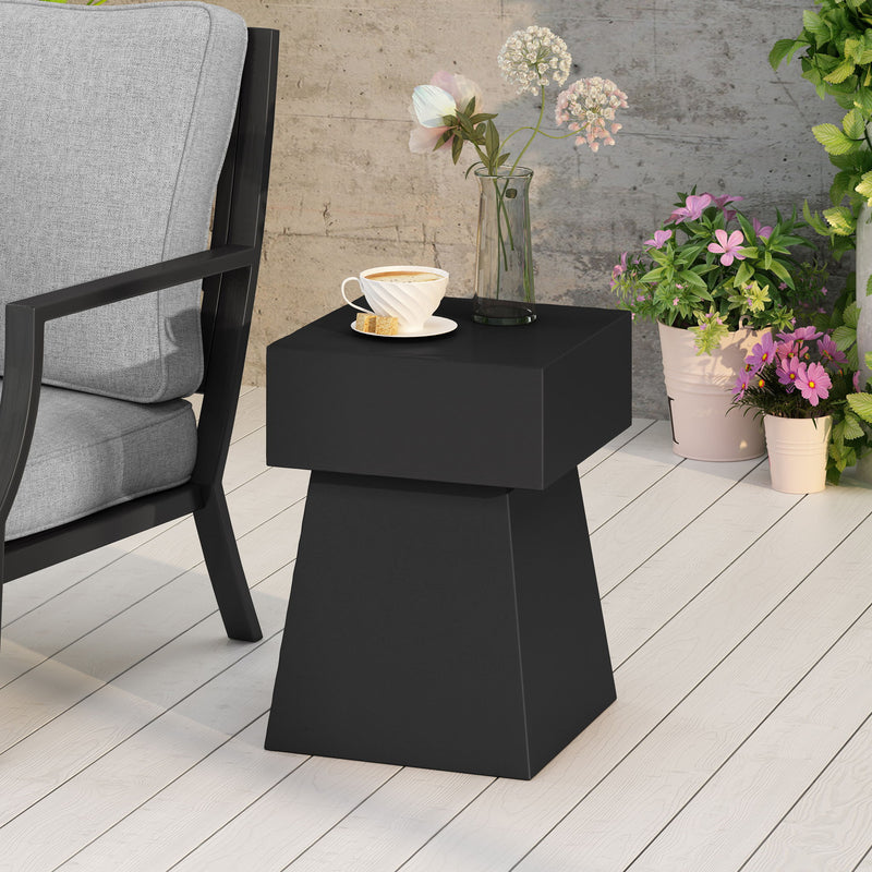 Black outdoor side table from Noble House, patio end table with a sleek design, perfect for outdoor seating areas.