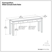 Cosmopolitan wide console sofa table in mahogany brown by Simpli-Home, featuring a sleek rectangular design with a polished finish.