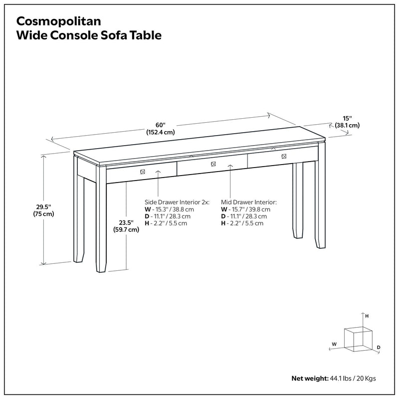 Cosmopolitan wide console sofa table in mahogany brown by Simpli-Home, featuring a sleek rectangular design with a polished finish.