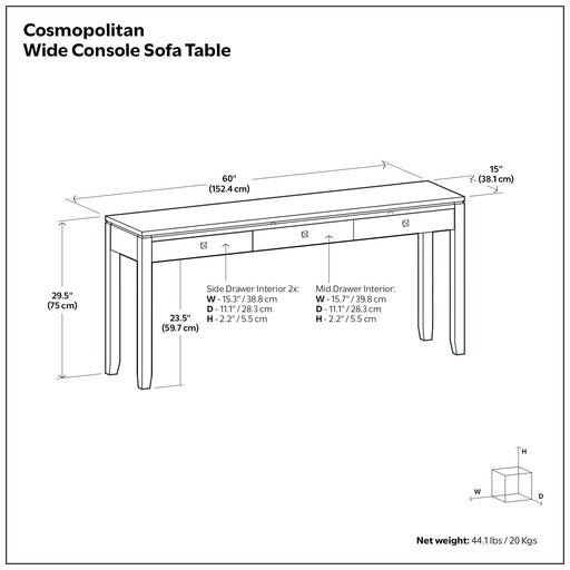 Cosmopolitan wide console sofa table in mahogany brown by Simpli-Home, featuring a sleek rectangular design with a polished finish.