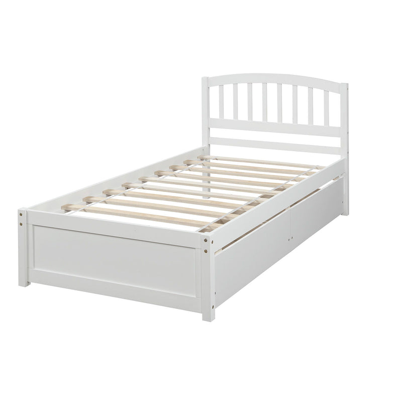 DreamHaus platform storage bed with wood frame, two drawers, and headboard, showcasing a modern and functional bedroom furniture piece.