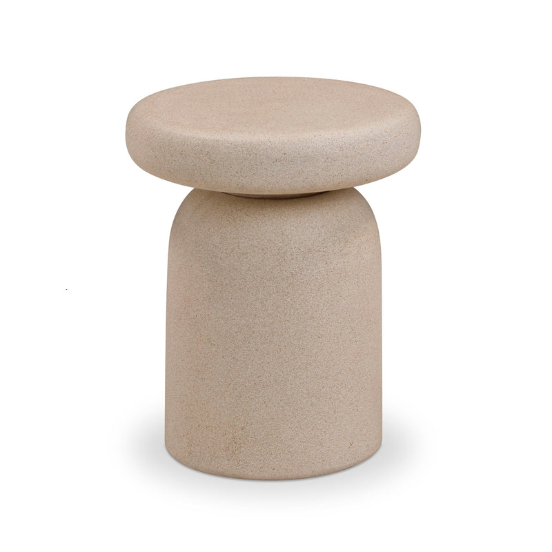 TOV Furniture Lydia side table with a sleek, modern design featuring a circular wood top and metal legs.