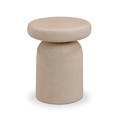 TOV Furniture Lydia side table with a sleek, modern design featuring a circular wood top and metal legs.