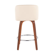 Pair of Lumi Source Toriano mid-century modern fixed height counter stools with round footrests, featuring sleek wooden legs and cushioned seats.