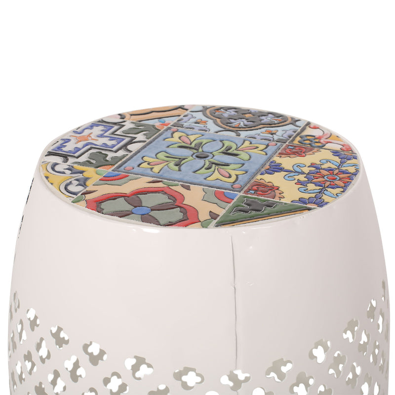 Noble House Roswell outdoor side table with mosaic tile top, featuring a sturdy frame and colorful mosaic pattern for patio decor.