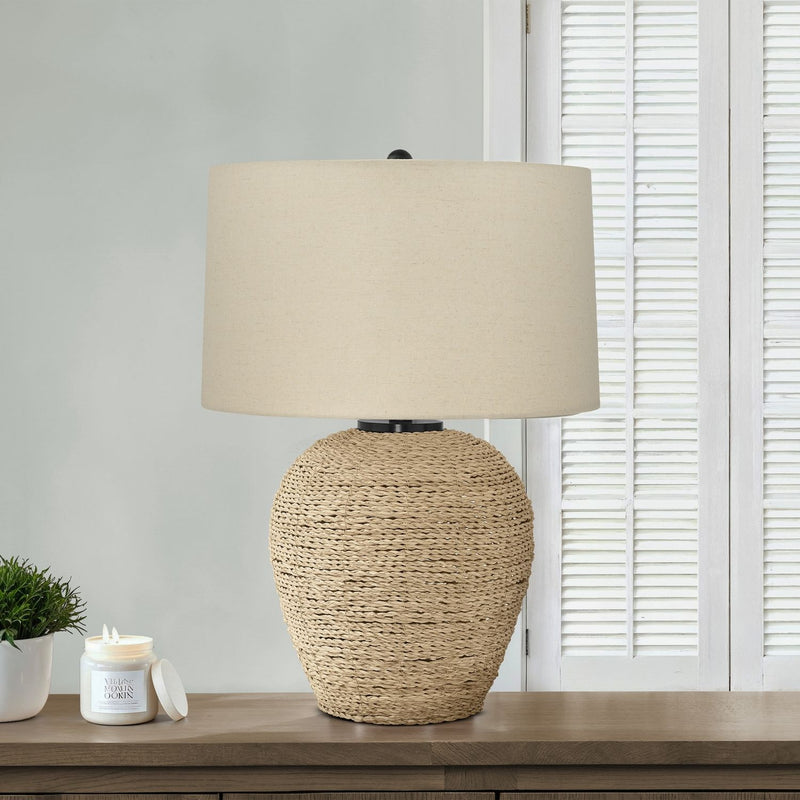 Beige 8th Street transitional table lamp with rattan and resin base, featuring a stylish and modern design.