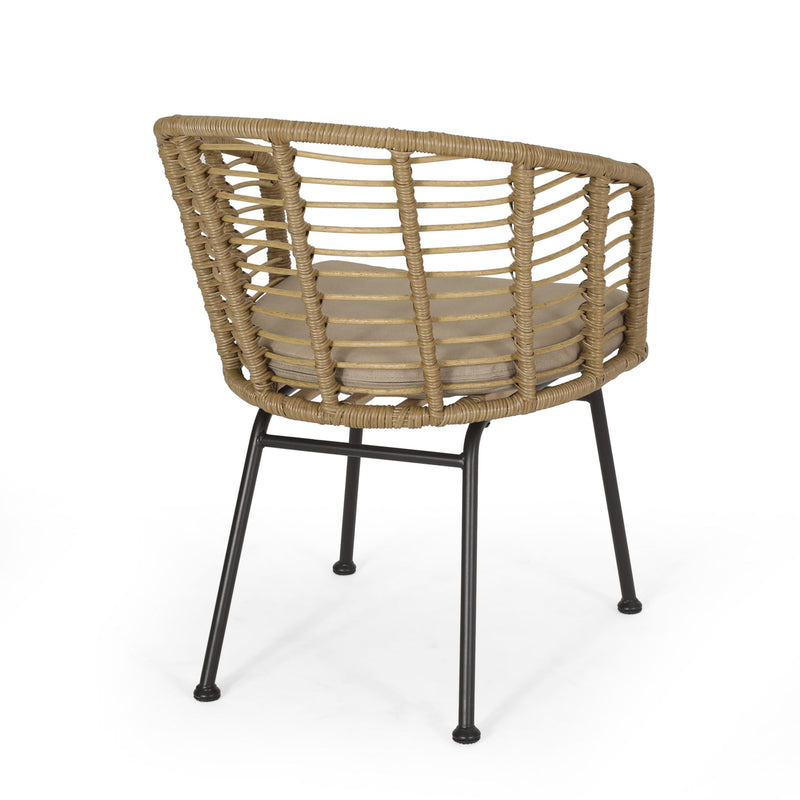 Noble House Randy modern wicker arm chair with water-resistant beige cushions, brown wicker frame, outdoor patio furniture.