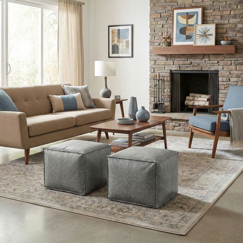 Simpli-Home Brody square pouf in neutral fabric, versatile accent piece for living room or seating area.