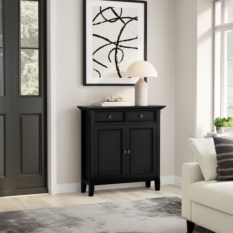 Simpli-Home Amherst storage cabinet with accent cabinet design, featuring a wooden finish and multiple storage compartments.