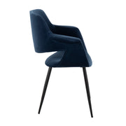 Set of two Lumi Source vintage flair art deco accent chairs with black metal legs, upholstered in blue or cream fabric.