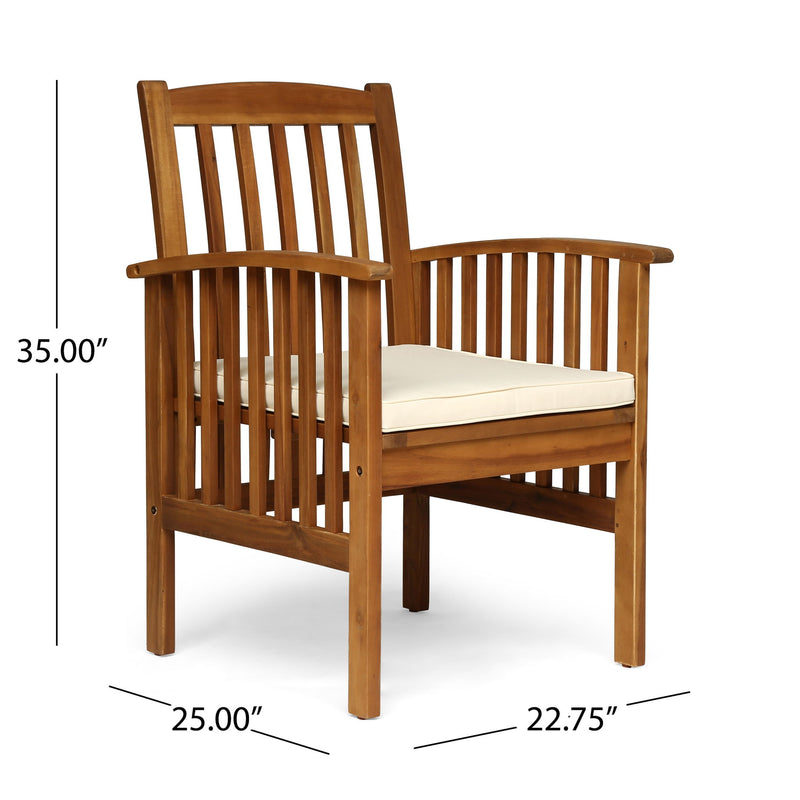 Noble House Casa Acacia dining chair set with cushions, showcasing two stylish wooden chairs with comfortable upholstered seats.