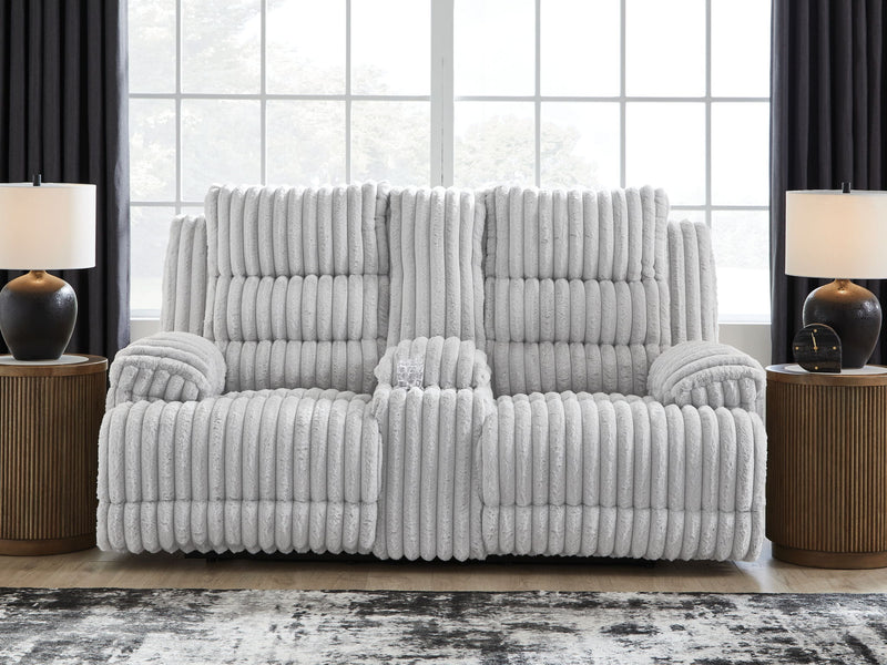 Rhines Falls - Double Reclining Power Loveseat With Console - Alloy - R&R Furniture Gallery (Fountain Valley, CA)