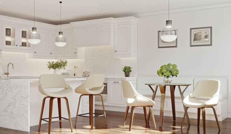 Lumi Source Fabrico mid-century modern dining chair set of 2 with sleek wooden legs and upholstered seats.