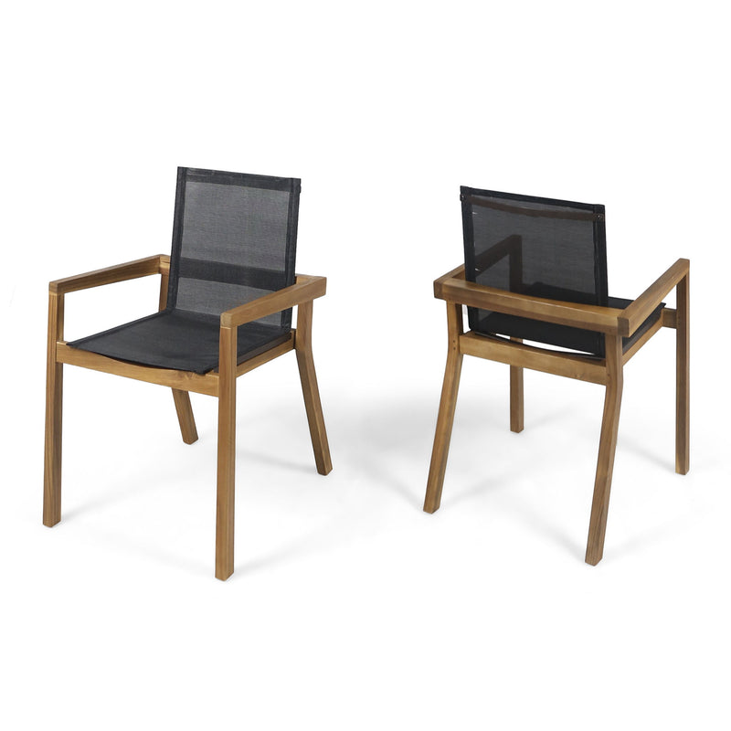 Set of two Noble House Belfast dining chairs with acacia wood frames and cushioned seats, showcasing a modern wooden design.