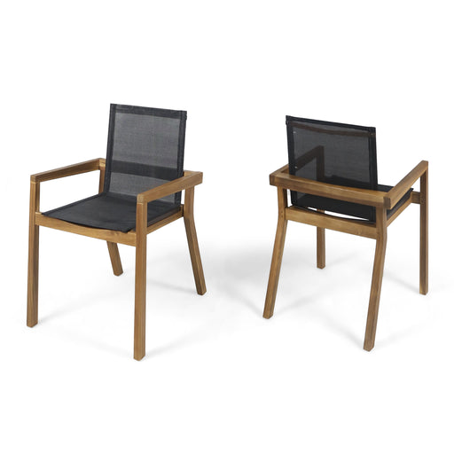 Set of two Noble House Belfast dining chairs with acacia wood frames and cushioned seats, showcasing a modern wooden design.