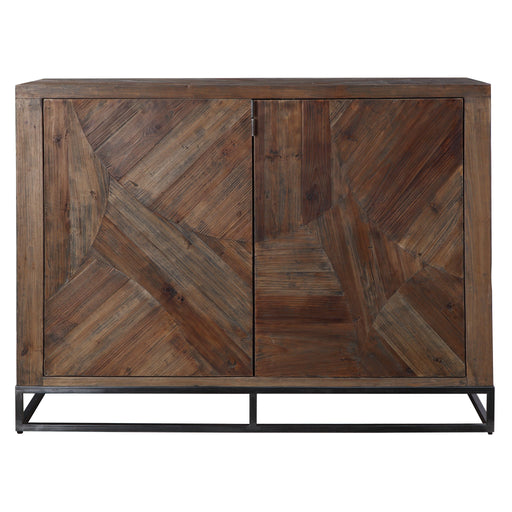 Dark brown reclaimed wood Evros accent cabinet with two doors and metal hardware, by Uttermost.