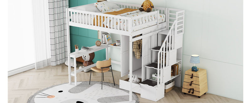 DreamHaus loft bed with integrated bookshelf, drawers, desk, and wardrobe, showcasing a modern multi-functional bedroom furniture piece.