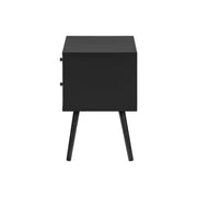 Black 8th Street accent table with storage drawers, featuring a sleek design and compact size for versatile home decor.