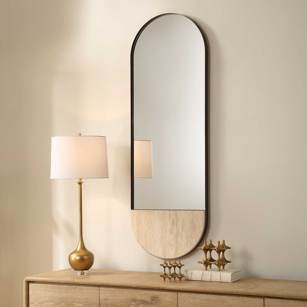 Russo - Travertine Tall Oval Mirror - Bronze / Brown / Gold
