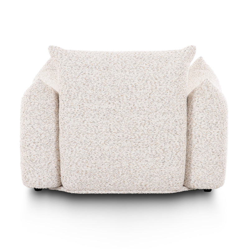 TOV Furniture Saint Tropez Nubby Fabric Armchair in sand color with plush cushioning and rounded arm design.