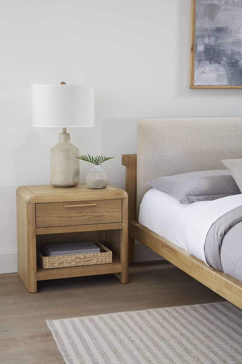 Modus Furano Ash Wood Nightstand with one drawer and shelf in ginger finish, showcasing sleek standalone design and natural wood grain.